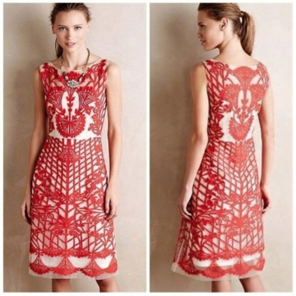 Geisha Designs size 2 red and cream embroidered and sheer dress